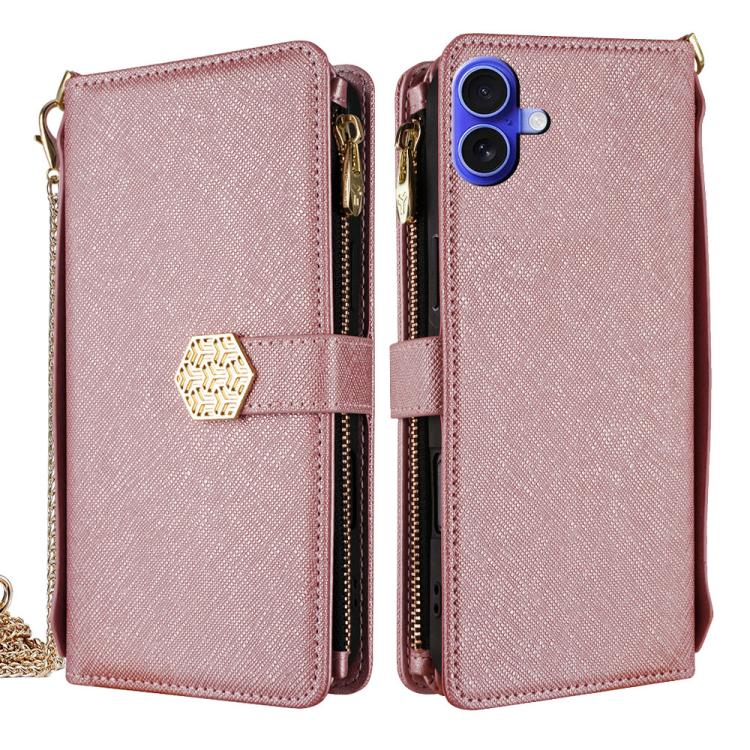For iPhone 16 Crossbody Handle Cross Texture Leather Phone Case(Rose Gold) - iPhone 16 Cases by buy2fix | Online Shopping UK | buy2fix