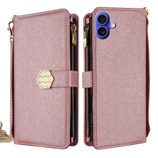 For iPhone 16 Crossbody Handle Cross Texture Leather Phone Case(Rose Gold) - iPhone 16 Cases by buy2fix | Online Shopping UK | buy2fix