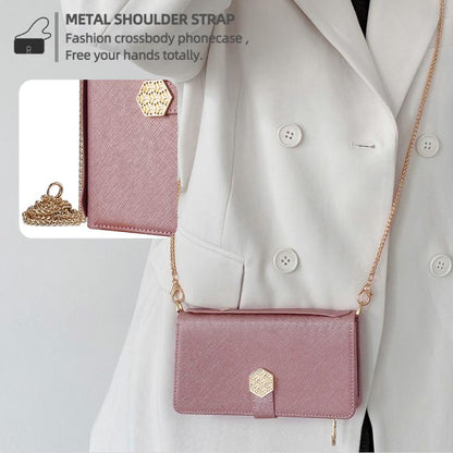 For iPhone 16 Crossbody Handle Cross Texture Leather Phone Case(Rose Gold) - iPhone 16 Cases by buy2fix | Online Shopping UK | buy2fix