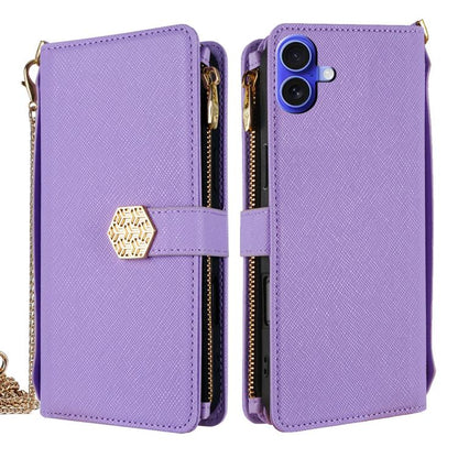 For iPhone 16 Crossbody Handle Cross Texture Leather Phone Case(Purple) - iPhone 16 Cases by buy2fix | Online Shopping UK | buy2fix