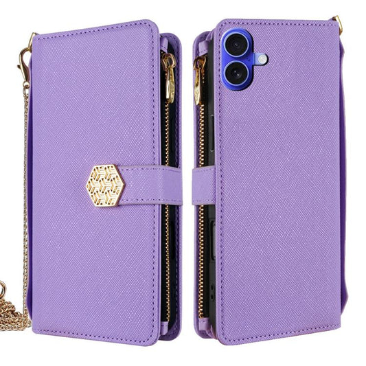 For iPhone 16 Crossbody Handle Cross Texture Leather Phone Case(Purple) - iPhone 16 Cases by buy2fix | Online Shopping UK | buy2fix