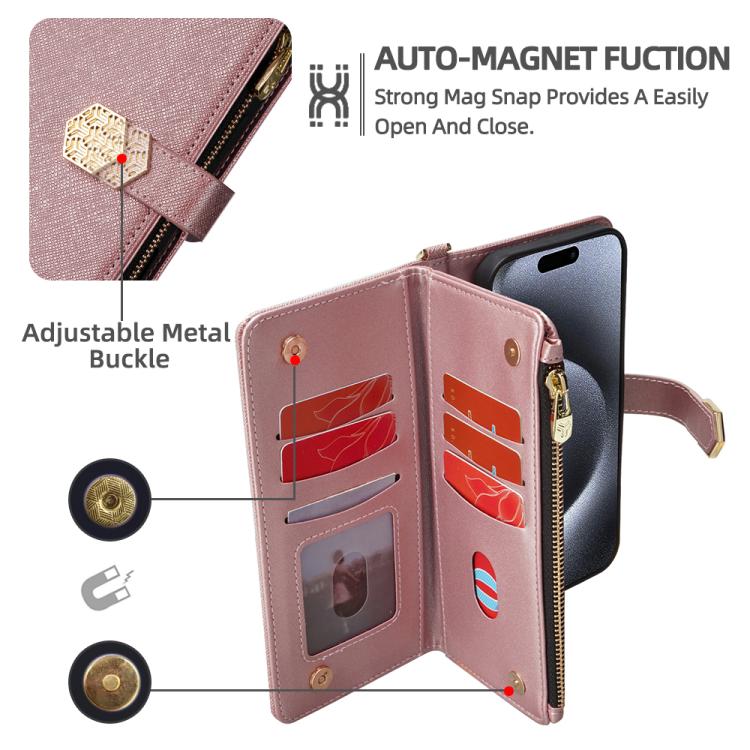 For iPhone 16 Plus Crossbody Handle Cross Texture Leather Phone Case(Rose Gold) - iPhone 16 Plus Cases by buy2fix | Online Shopping UK | buy2fix