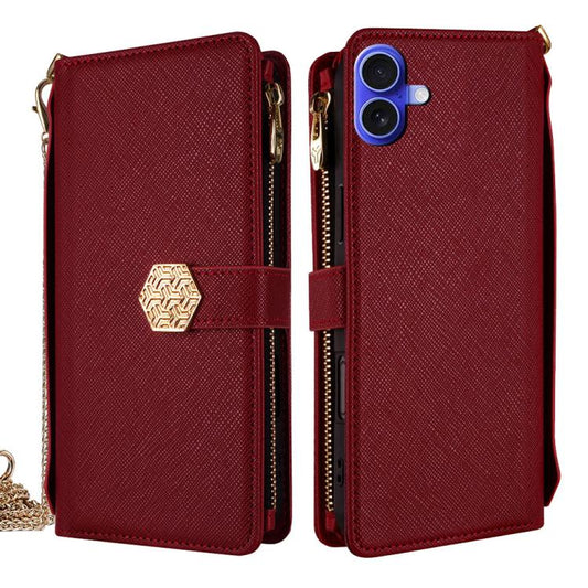For iPhone 16 Plus Crossbody Handle Cross Texture Leather Phone Case(Red) - iPhone 16 Plus Cases by buy2fix | Online Shopping UK | buy2fix