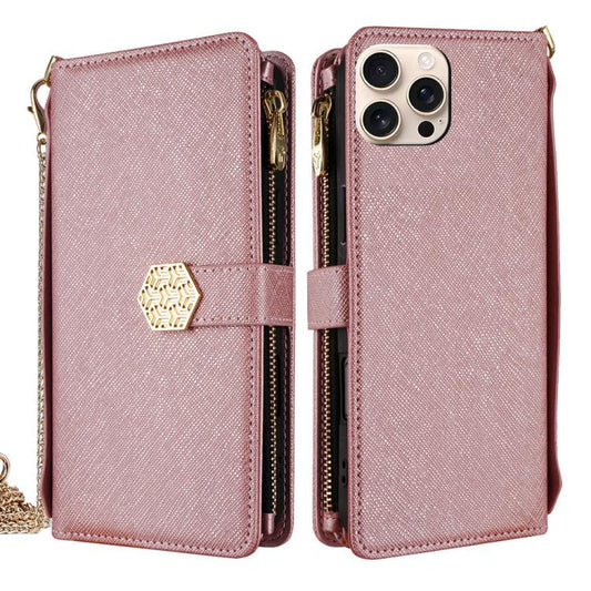 For iPhone 16 Pro Crossbody Handle Cross Texture Leather Phone Case(Rose Gold) - iPhone 16 Pro Cases by buy2fix | Online Shopping UK | buy2fix
