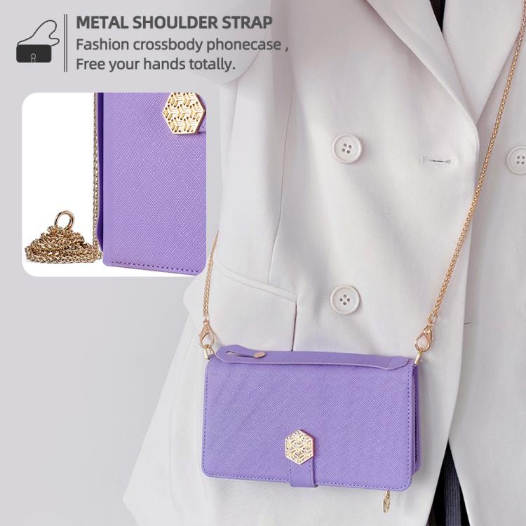 For iPhone 16 Pro Crossbody Handle Cross Texture Leather Phone Case(Purple) - iPhone 16 Pro Cases by buy2fix | Online Shopping UK | buy2fix