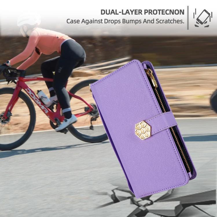 For iPhone 16 Pro Crossbody Handle Cross Texture Leather Phone Case(Purple) - iPhone 16 Pro Cases by buy2fix | Online Shopping UK | buy2fix