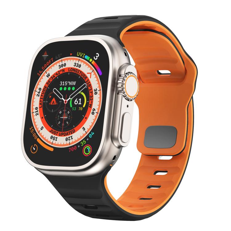 For Apple Watch 46mm / 49mm / 45mm / 44mm Kalebol Wave Reverse Buckle Two-color Silicone Strap(Black Orange) - Watch Bands by Kalebol | Online Shopping UK | buy2fix