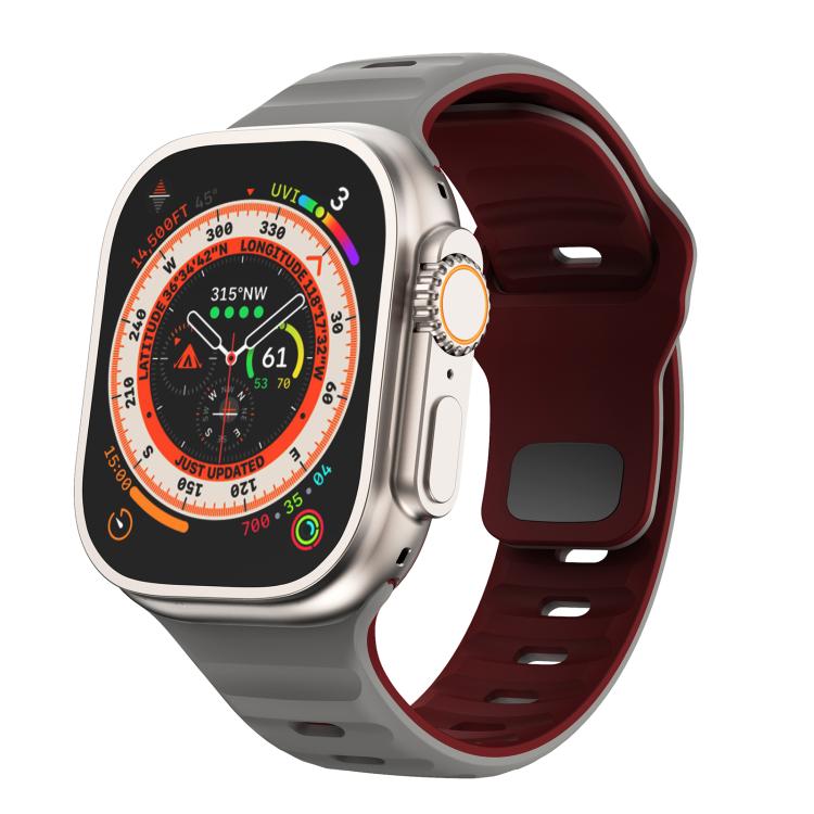 For Apple Watch 46mm / 49mm / 45mm / 44mm Kalebol Wave Reverse Buckle Two-color Silicone Strap(Space Grey Wine Red) - Watch Bands by Kalebol | Online Shopping UK | buy2fix