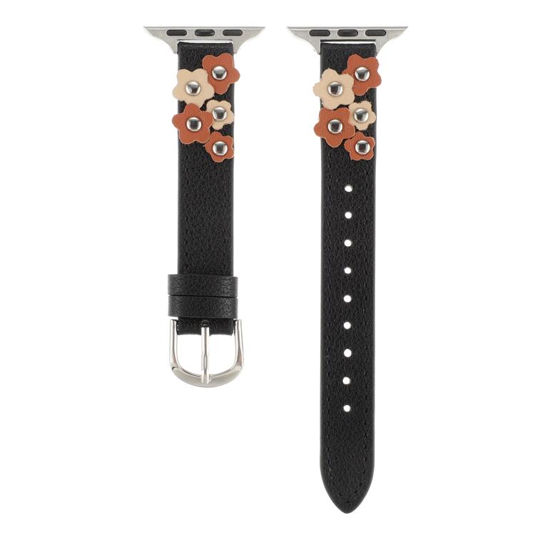 For Apple Watch 46mm / 49mm / 45mm / 44mm Kalebol Studded Flower Leather Strap(Black) - Watch Bands by Kalebol | Online Shopping UK | buy2fix