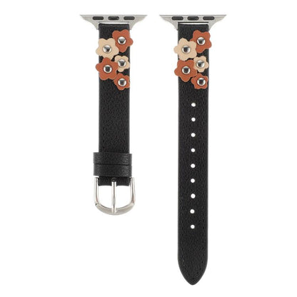 For Apple Watch 46mm / 49mm / 45mm / 44mm Kalebol Studded Flower Leather Strap(Black) - Watch Bands by Kalebol | Online Shopping UK | buy2fix