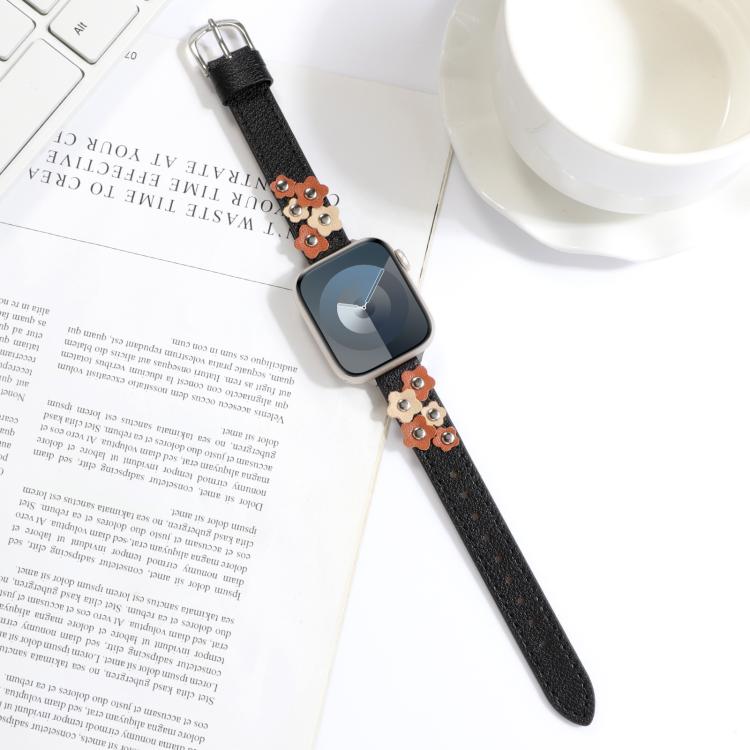 For Apple Watch 46mm / 49mm / 45mm / 44mm Kalebol Studded Flower Leather Strap(Black) - Watch Bands by Kalebol | Online Shopping UK | buy2fix