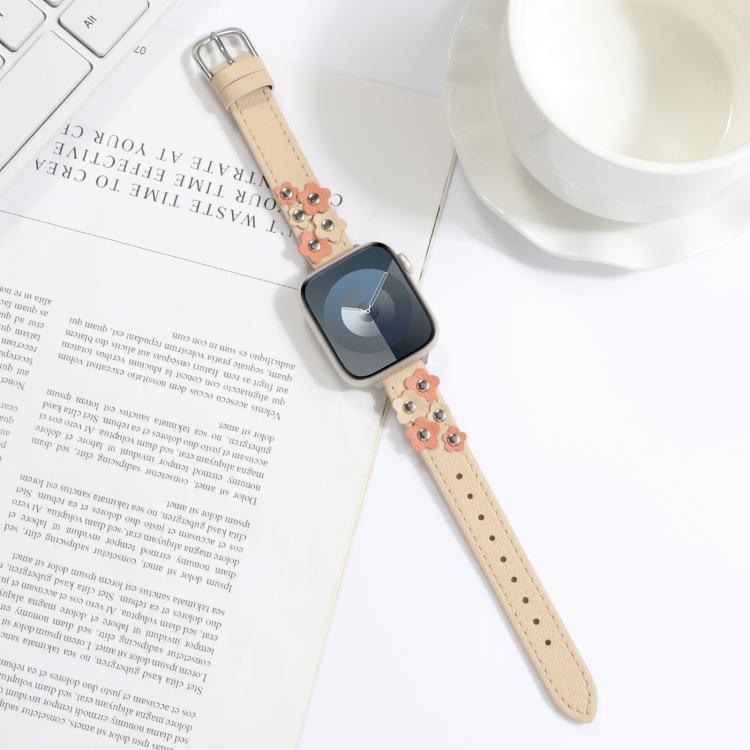 For Apple Watch 46mm / 49mm / 45mm / 44mm Kalebol Studded Flower Leather Strap(Milk Apricot) - Watch Bands by Kalebol | Online Shopping UK | buy2fix