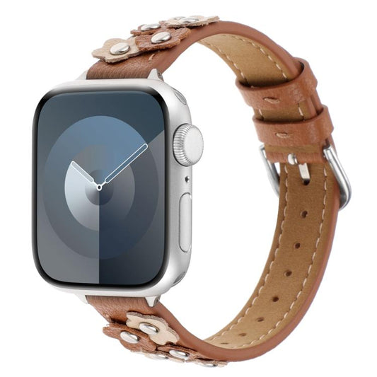 For Apple Watch 46mm / 49mm / 45mm / 44mm Kalebol Studded Flower Leather Strap(Brown) - Watch Bands by Kalebol | Online Shopping UK | buy2fix