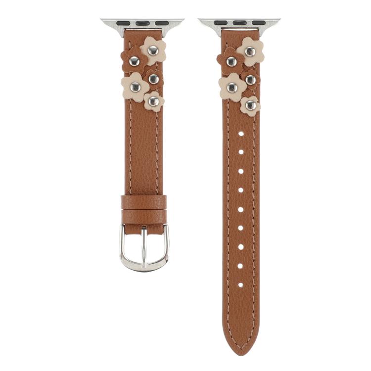 For Apple Watch 46mm / 49mm / 45mm / 44mm Kalebol Studded Flower Leather Strap(Brown) - Watch Bands by Kalebol | Online Shopping UK | buy2fix