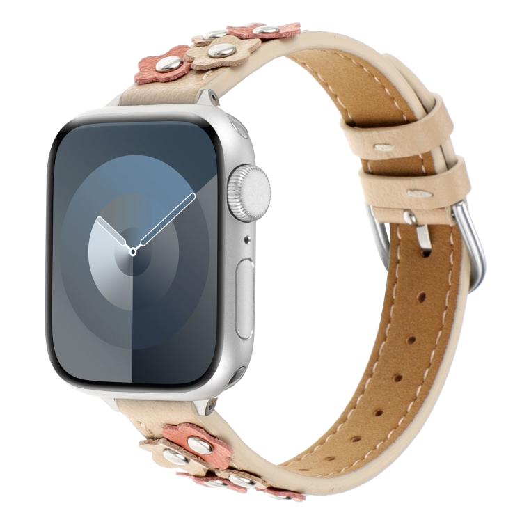 For Apple Watch 42mm / 41mm / 40mm / 38mm Kalebol Studded Flower Leather Strap(Milk Apricot) - Watch Bands by Kalebol | Online Shopping UK | buy2fix