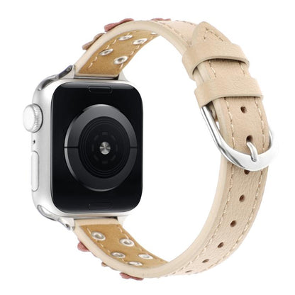 For Apple Watch 42mm / 41mm / 40mm / 38mm Kalebol Studded Flower Leather Strap(Milk Apricot) - Watch Bands by Kalebol | Online Shopping UK | buy2fix