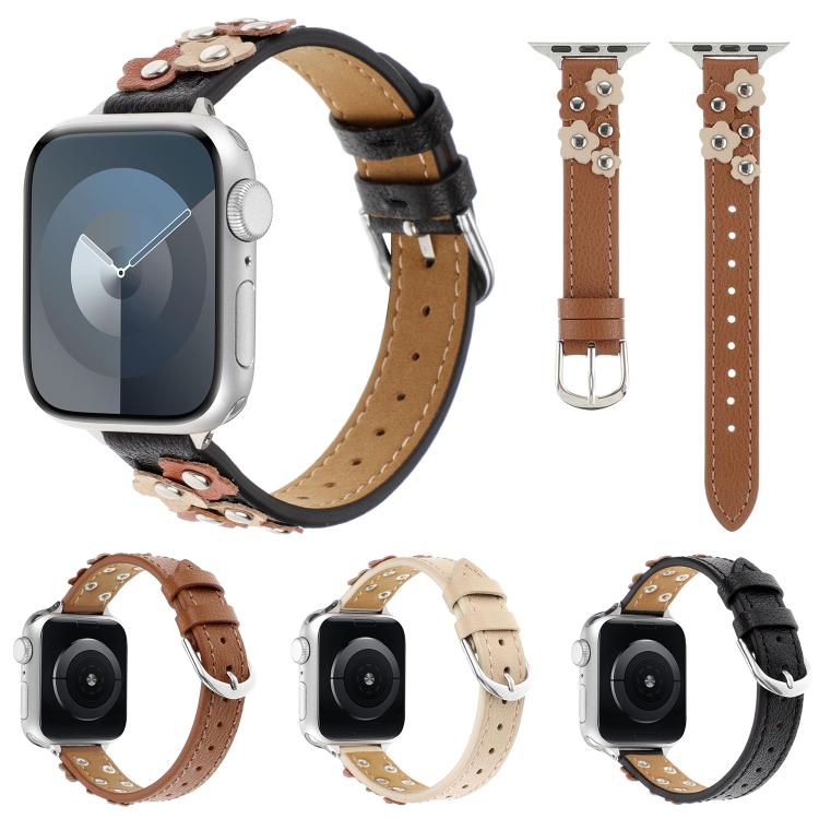 For Apple Watch 46mm / 49mm / 45mm / 44mm Kalebol Studded Flower Leather Strap(Black) - Watch Bands by Kalebol | Online Shopping UK | buy2fix