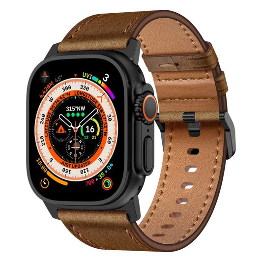 For Apple Watch 46mm / 49mm / 45mm / 44mm Kalebol Genuine Leather Watch Band(Black Dark Brown) - Watch Bands by Kalebol | Online Shopping UK | buy2fix