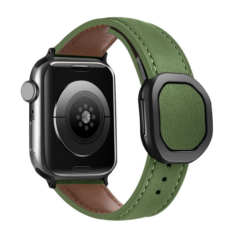 For Apple Watch 46mm / 49mm / 45mm / 44mm Kalebol Magnetic Fold Genuine Buckle Leather Watch Band(Army Green) - Watch Bands by Kalebol | Online Shopping UK | buy2fix