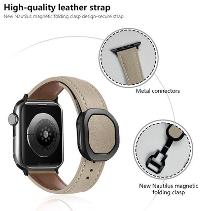 For Apple Watch 46mm / 49mm / 45mm / 44mm Kalebol Magnetic Fold Genuine Buckle Leather Watch Band(Beige) - Watch Bands by Kalebol | Online Shopping UK | buy2fix