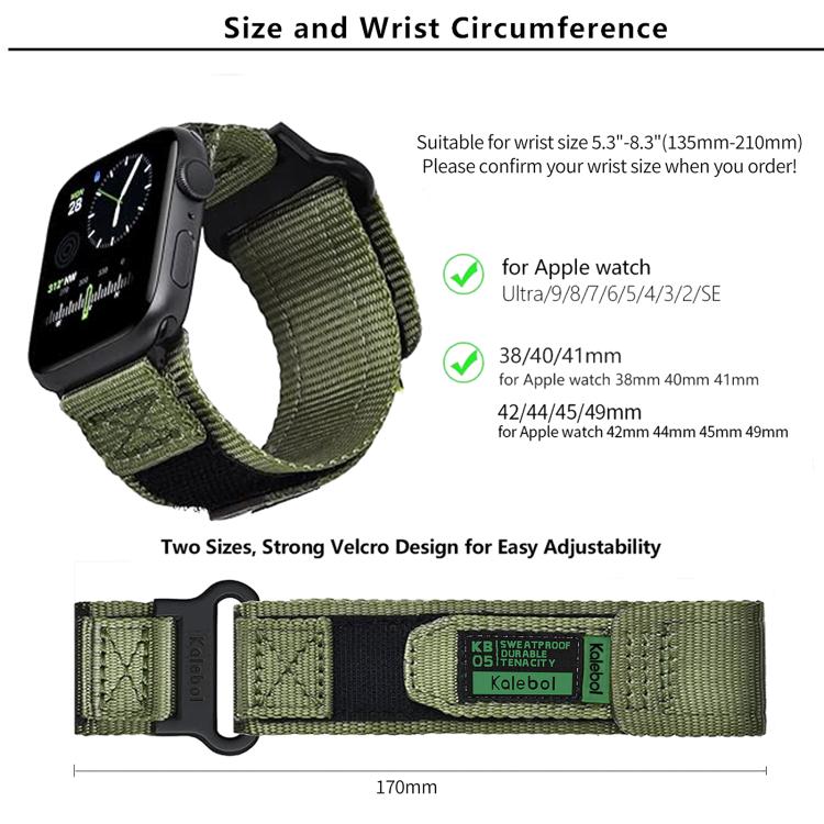 For Apple Watch 46mm / 49mm / 45mm / 44mm Kalebol Canvas Nylon Hook and Loop Watch Band(Army Green) - Watch Bands by Kalebol | Online Shopping UK | buy2fix