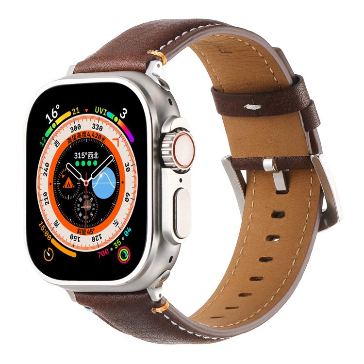 For Apple Watch 46mm / 49mm / 45mm / 44mm Kalebol Stitched Genuine Leather Watch Band(Pull Up Leather Coffee) - Watch Bands by Kalebol | Online Shopping UK | buy2fix