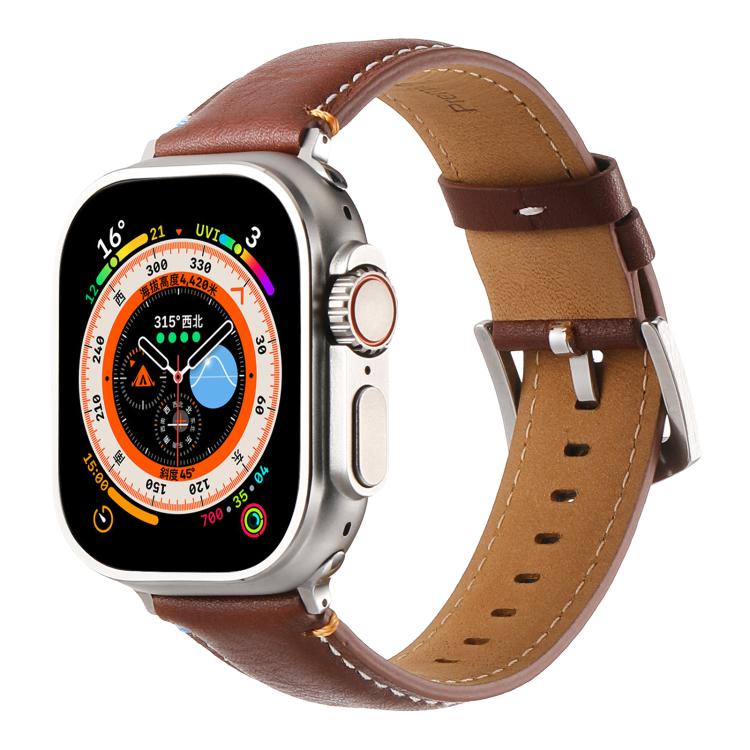 For Apple Watch 46mm / 49mm / 45mm / 44mm Kalebol Stitched Genuine Leather Watch Band(Pull Up Leather Brown) - Watch Bands by Kalebol | Online Shopping UK | buy2fix
