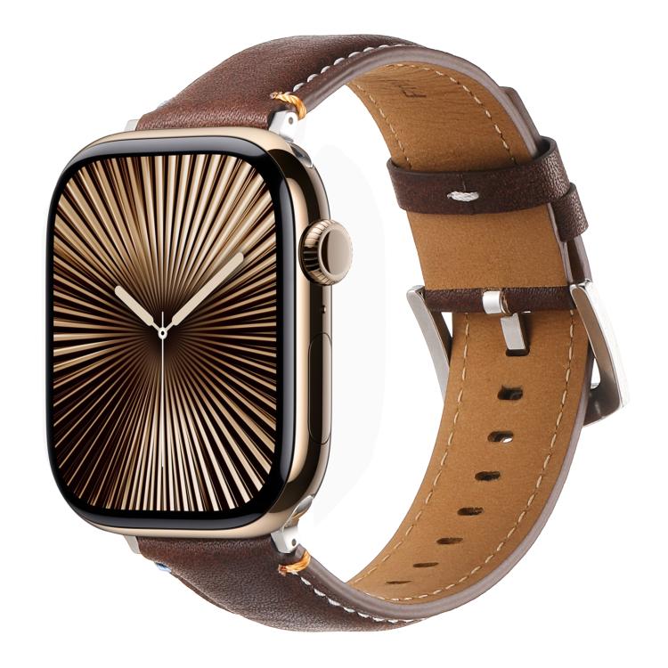For Apple Watch 42mm / 41mm / 40mm / 38mm Kalebol Stitched Genuine Leather Watch Band(Pull Up Leather Coffee) - Watch Bands by Kalebol | Online Shopping UK | buy2fix