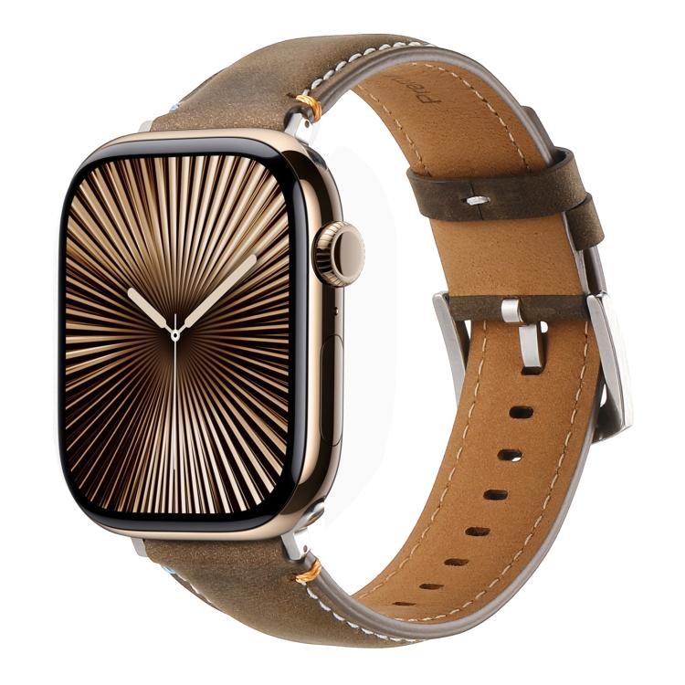 For Apple Watch 42mm / 41mm / 40mm / 38mm Kalebol Stitched Genuine Leather Watch Band(Frosted  Olive) - Watch Bands by Kalebol | Online Shopping UK | buy2fix