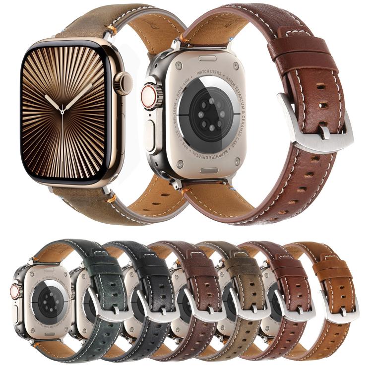 For Apple Watch 46mm / 49mm / 45mm / 44mm Kalebol Stitched Genuine Leather Watch Band(Pull Up Leather Coffee) - Watch Bands by Kalebol | Online Shopping UK | buy2fix