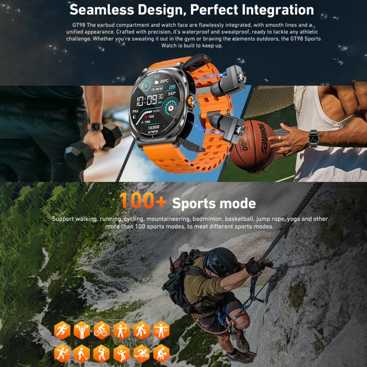 HAMTOD GT98 Headphones Smart Watch,1.53 inch, Support Bluetooth Call / NFC / Heart Rate(Silver Orange) - Smart Watches by HAMTOD | Online Shopping UK | buy2fix