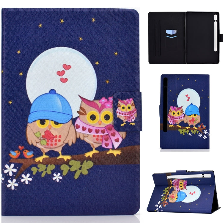 For Samsung Galaxy Tab S8 / Galaxy Tab S7 T870 Electric Pressed Left Right Flat Leather Case with Sleep Function Pen Cover & Card Slot & Holder(Couple Owls) by buy2fix