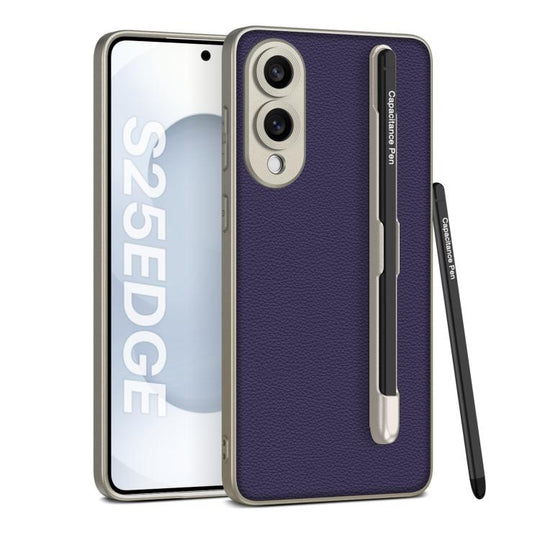 For Samsung Galaxy S25 Edge 5G GKK Metal Paint Skin Feel Leather Phone Case with Pen(Purple)