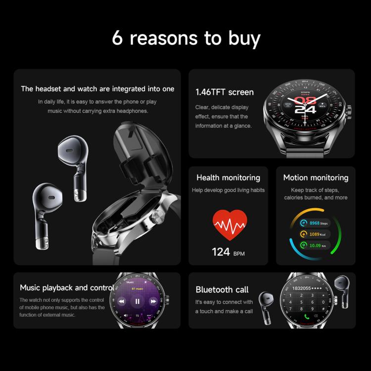 D9 1.46 inch 2 in 1 Bluetooth Earphone Smart Watch, Support Bluetooth Call / NFC / Heart Rate(Black) - Smart Watches by buy2fix | Online Shopping UK | buy2fix