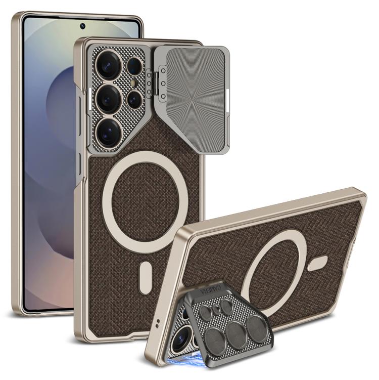 For Samsung Galaxy S25 Ultra 5G GKK Metal Paint Leather Nylon Fabric Lens Holder MagSafe Phone Case(Brown) - Galaxy S25 Ultra 5G Cases by GKK | Online Shopping UK | buy2fix