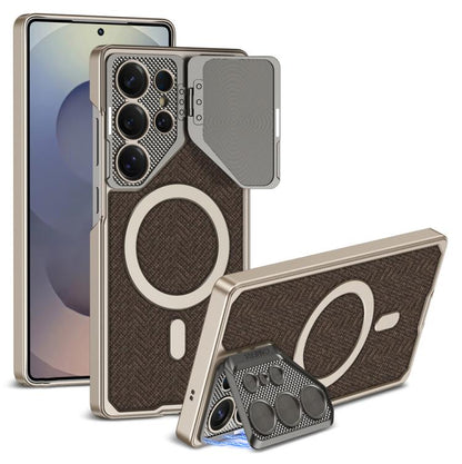 For Samsung Galaxy S25 Ultra 5G GKK Metal Paint Leather Nylon Fabric Lens Holder MagSafe Phone Case(Brown) - Galaxy S25 Ultra 5G Cases by GKK | Online Shopping UK | buy2fix