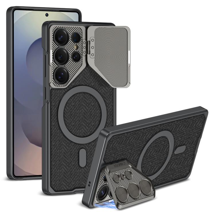 For Samsung Galaxy S25 Ultra 5G GKK Metal Paint Leather Nylon Fabric Lens Holder MagSafe Phone Case(Black) - Galaxy S25 Ultra 5G Cases by GKK | Online Shopping UK | buy2fix