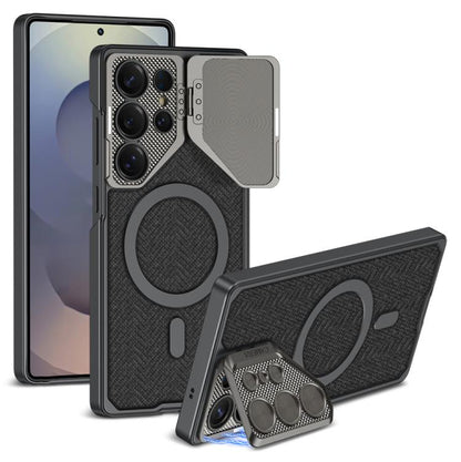 For Samsung Galaxy S25 Ultra 5G GKK Metal Paint Leather Nylon Fabric Lens Holder MagSafe Phone Case(Black) - Galaxy S25 Ultra 5G Cases by GKK | Online Shopping UK | buy2fix