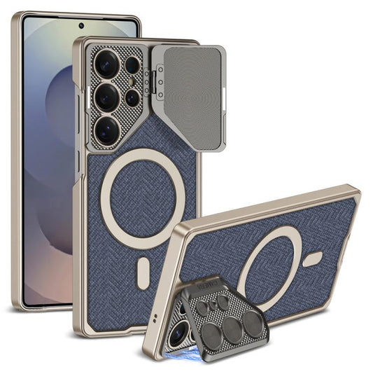 For Samsung Galaxy S25 Ultra 5G GKK Metal Paint Leather Nylon Fabric Lens Holder MagSafe Phone Case(Blue) - Galaxy S25 Ultra 5G Cases by GKK | Online Shopping UK | buy2fix