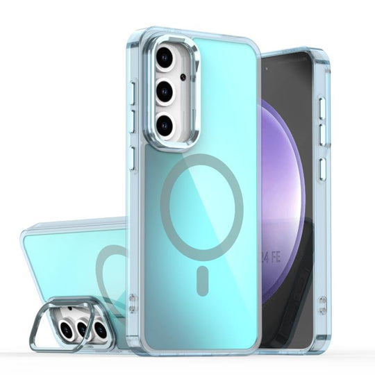 For Samsung Galaxy S24 FE 5G Plating Gradient Discolor MagSafe Phone Case with Holder(Blue)