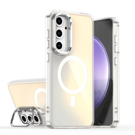 For Samsung Galaxy S24 FE 5G Plating Gradient Discolor MagSafe Phone Case with Holder(White)