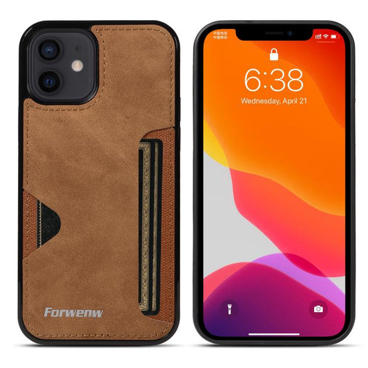For iPhone 12 Forwenw F5 Series Integrated Card Bag Phone Case(Brown) - iPhone 12 / 12 Pro Cases by Forwenw | Online Shopping UK | buy2fix