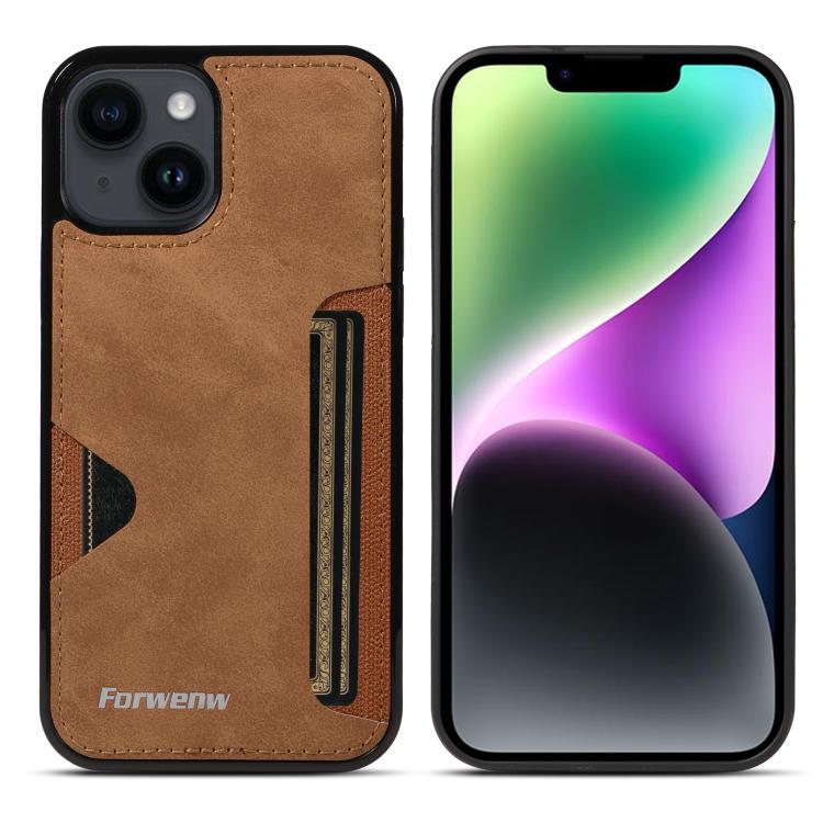 For iPhone 14 Forwenw F5 Series Integrated Card Bag Phone Case(Brown) - iPhone 14 Cases by Forwenw | Online Shopping UK | buy2fix