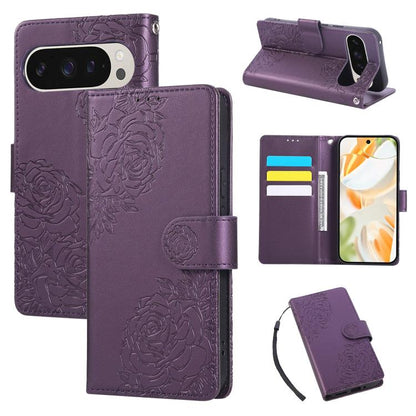 For Google Pixel 10 / 10 Pro Rose Flower Embossed 3-Card Slots Leather Phone Case(Deep Purple) - Google Cases by buy2fix | Online Shopping UK | buy2fix