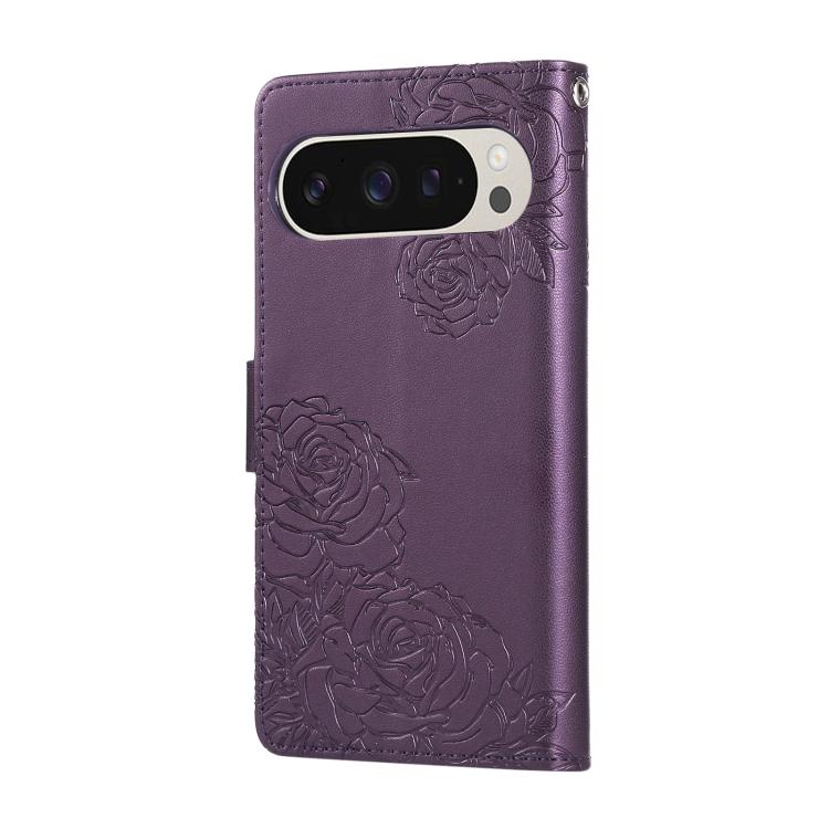 For Google Pixel 10 / 10 Pro Rose Flower Embossed 3-Card Slots Leather Phone Case(Deep Purple) - Google Cases by buy2fix | Online Shopping UK | buy2fix