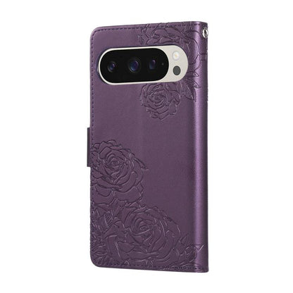 For Google Pixel 10 / 10 Pro Rose Flower Embossed 3-Card Slots Leather Phone Case(Deep Purple) - Google Cases by buy2fix | Online Shopping UK | buy2fix