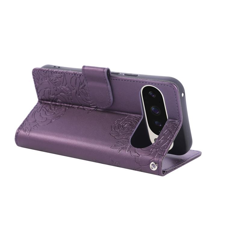 For Google Pixel 10 / 10 Pro Rose Flower Embossed 3-Card Slots Leather Phone Case(Deep Purple) - Google Cases by buy2fix | Online Shopping UK | buy2fix