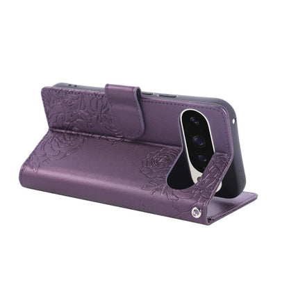 For Google Pixel 10 / 10 Pro Rose Flower Embossed 3-Card Slots Leather Phone Case(Deep Purple) - Google Cases by buy2fix | Online Shopping UK | buy2fix