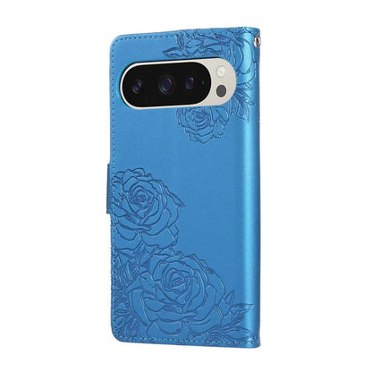 For Google Pixel 10 Pro XL Rose Flower Embossed 3-Card Slots Leather Phone Case(Blue) - Google Cases by buy2fix | Online Shopping UK | buy2fix