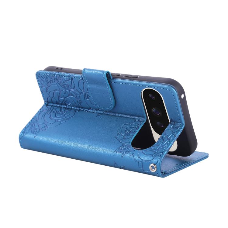 For Google Pixel 10 Pro XL Rose Flower Embossed 3-Card Slots Leather Phone Case(Blue) - Google Cases by buy2fix | Online Shopping UK | buy2fix